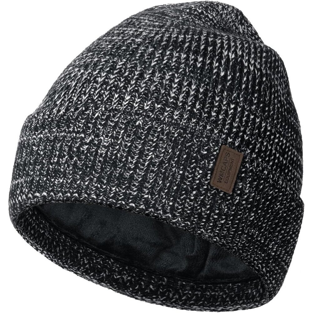 Men's Black White Fleece Lined Beanie Soft Winter Warm Ski Stocking Cap Knit Hat